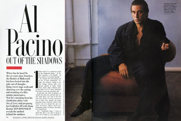Al Pacino won a best actor Oscar in 1993 for Scent of a Woman. That year he was also nominated in the best supporting actor category, for his performance in Glengarry Glen Ross. From the October 1989 issue. by Annie Leibovitz.