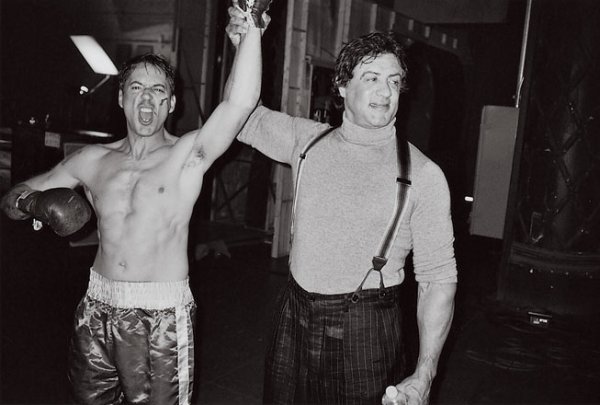 Robert Downey Jr. gets champ instruction from Sylvester Stallone at Universal. Photograph by Kathryn MacLeod.