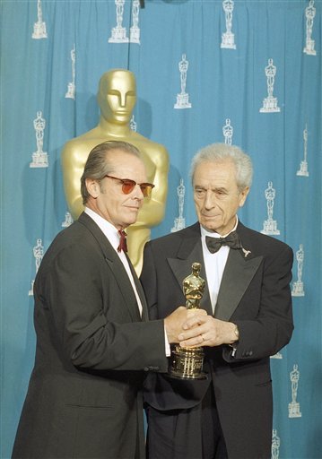 Nicholson presents an honorary Oscar to director Michelangelo Antonioni in recognition of his achievements as a master visual stylist at the 67th annual Academy Awards at the Shrine Auditorium in LA Monday 27-03-95.